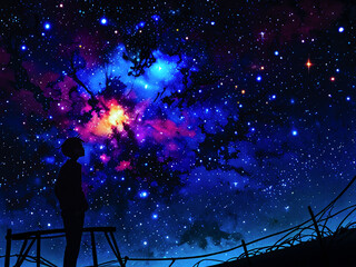 Wall Mural - the boy looking on cluster of stars each with its own nebula in a fascinating mix of colors and shap