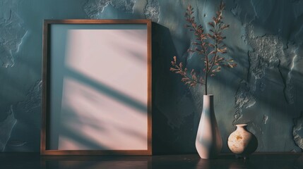 Canvas Print - Empty picture frame and vase on a table with a dark backdrop