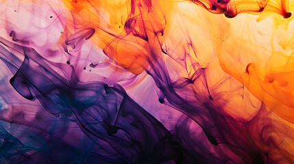 Poster - Dynamic abstract image featuring vibrant swirls of ink in shades of orange, purple, and pink, creating a mesmerizing visual effect.