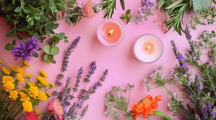 Canvas Print - Wellness lifestyle with nature elements like oils herbs lavender candles and flowers on a pink background