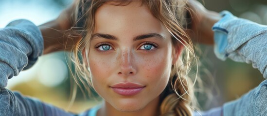 Wall Mural - Close-Up Portrait of a Young Woman with Blue Eyes