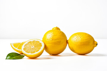 Wall Mural - Fresh Lemons and Lemon Slices on White Background