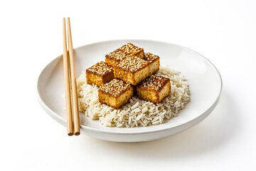 Canvas Print - Sesame Tofu with Rice and Chopsticks