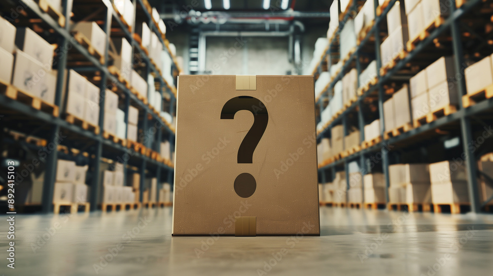Container With Question Mark A cardboard box with a question mark on it sits in a warehouse. The ...