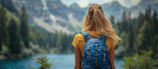 Wall Mural - Woman with Backpack Admiring Mountain Lake