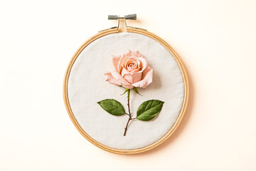 Wall Mural - Single Pink Rose in Embroidery Hoop