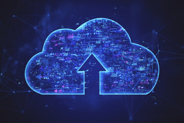 Aufkleber - Digital cloud upload icon with technology elements on dark background. 3D Rendering