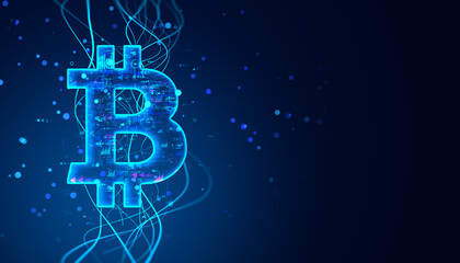 Poster - Neon Bitcoin symbol on dark digital background. 3D Rendering