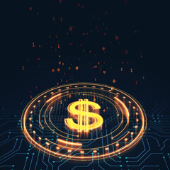 Poster - Digital dollar sign with binary code on dark background. 3D Rendering