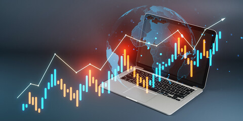 Canvas Print - Forex trading graph and candlestick chart overlay on a laptop screen with a global map in the background.