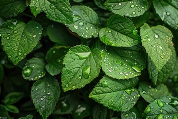 Wall Mural - Leaves with water droplets after rain in nature - generative ai