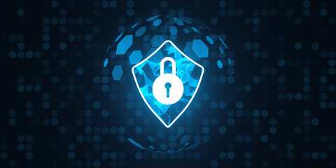 Poster - Cybersecurity Protection Icon with Lock on Digital Background. 3D Rendering