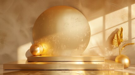 Poster - 3d rendering of a golden podium with a golden sphere on it. the podium is in front of a golden wall 