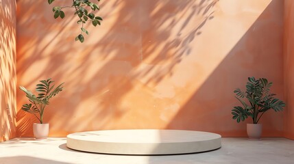 Poster - 3d rendering of a product display. a podium or pedestal stands in the center of a room with a peach-