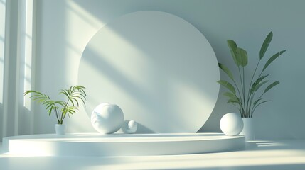Poster - 3D rendering of a simple and elegant product display stage with a large circle on the back wall and two spheres on the stage.