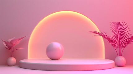 Poster - this is a 3d rendering of a pink podium with a pink sphere on it.
