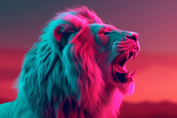 Vibrant digital art of a roaring lion with neon colors under a surreal sunset sky, showcasing powerful wildlife imagery.