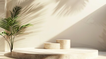 Poster - 3D rendering of a beige podium with a palm leaf. The podium is made of marble and has a smooth, reflective surface.