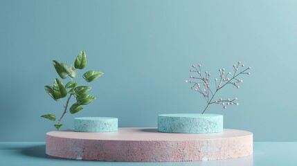 Poster - 3d rendering of a pink and blue podium with a plant on each. the podiums are made of a rough materia