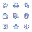 © Blockfine - Business icons set. Line icons, doutone style, editable stroke, vector illustration. trophy, tax, target, sticker, statistics, smartphone, scale, worldwide, wallet.