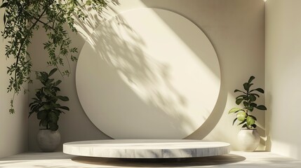 Poster - 3D rendering of a product display platform with a circular backdrop. The platform is made of marble and the backdrop is made of beige concrete.