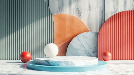Poster - 3D rendering of a product display platform. The platform is made of marble and has a blue base.