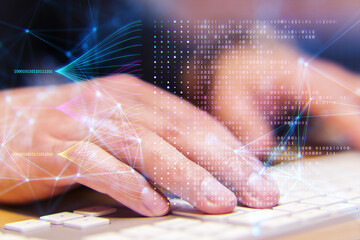 Poster - A hand typing on a keyboard with digital network and binary code overlay, symbolizing technology and data processing on a bokeh background