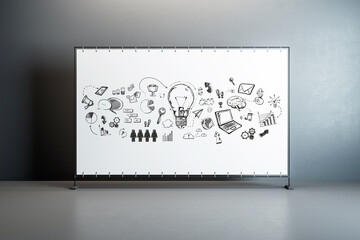 Wall Mural - A flipchart with business and innovation doodles in a room with a gray background, concept of brainstorming. 3D Rendering