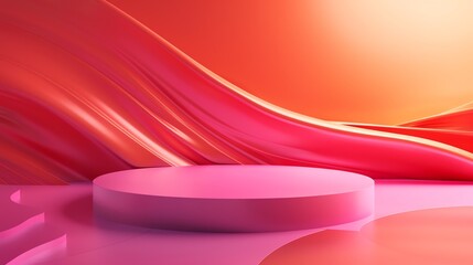 Poster - 3d rendering of a pink podium with a pink and orange background. the podium is surrounded by a flowi