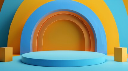 Poster - Blue and orange 3D rendering of a stage or podium. The stage is surrounded by blue and orange semi-circle shapes.