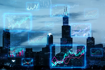 Poster - A city skyline with digital stock market graphs overlay, conceptualizing economic trends against a dark night backdrop