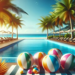 Wall Mural - Summer holidays background with colorful beach ball floating on luxury swimming pool and copy space.