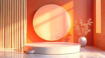 Poster - 3d rendering of a product display. there is a large round podium in the center of the room with a pl