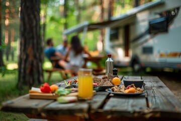 Picnic Table Set Up in the Forest with RV in Background