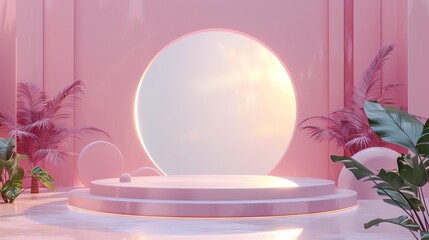Poster - 3D rendering of a pink podium with a circular opening in the background. There are two tropical plants on each side of the podium.