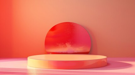 Poster - 3d rendering of a red podium with a large red circle on the wall behind it. the podium is lit by a s
