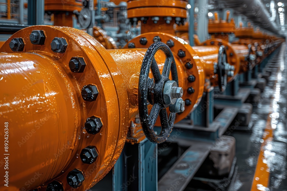 Pipes in an industrial plant. A metallic maze of pipelines, channeling ...