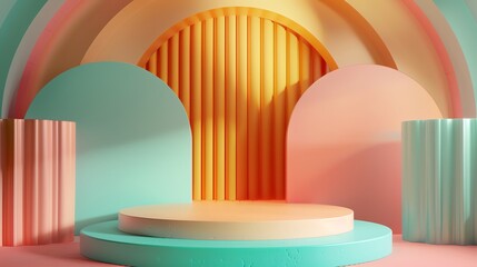 Poster - 3d rendering of a podium with a spotlight. the podium is made of a light pink material and is surrou