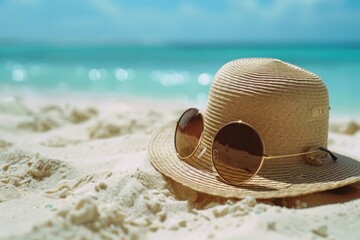 A person relaxing on a sandy beach wearing a hat and sunglasses, perfect for summer vacation photos or travel stock images