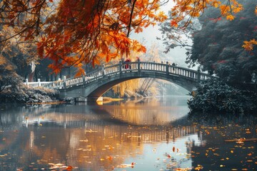 Wall Mural - River bridge autumn background - generative ai