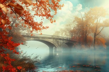 Wall Mural - River bridge autumn background - generative ai