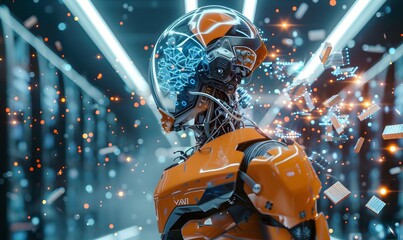 Poster - A Futuristic Cyborg Stands in a Digital Environment