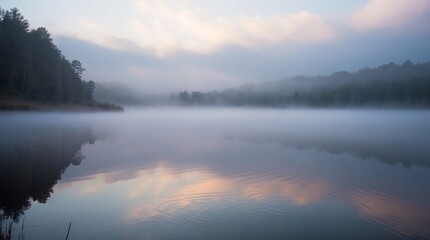 Wall Mural - Mist hovering above the river or lake, with water reflection in the morning.