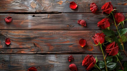 Wall Mural - Valentine s Day background with roses on wooden board