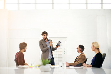 Aufkleber - Businessman, coach and talking with tablet for team meeting, presentation or collaboration at office. Man or speaker explaining to group of employees with technology for innovation at conference