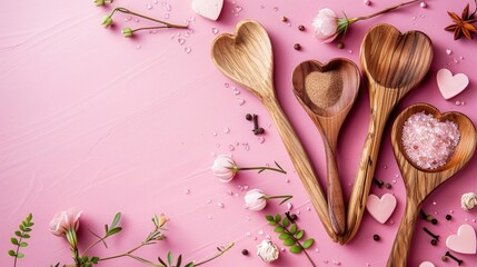 Poster - Valentine s Day theme with pink backdrop wooden hearts and spice spoons for text placement