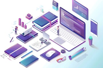 Poster - Modern Workplace: A Digital Workspace with Laptop, Books, and Technology