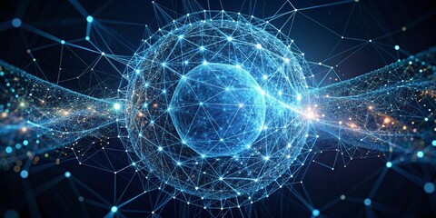 Poster - Connected Sphere of Light: A luminous, glowing orb encased in a intricate network of lines and nodes, symbolizing interconnectedness, data flow, and the boundless possibilities of technology.  