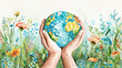 © sommersby - A watercolor painting depicts hands holding a globe surrounded by colorful flowers and plants