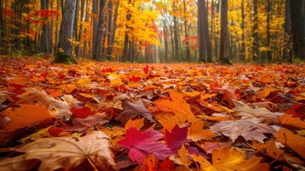 Sticker - A forest transforms into a canvas of red, orange, and gold as autumn leaves blanket the ground.